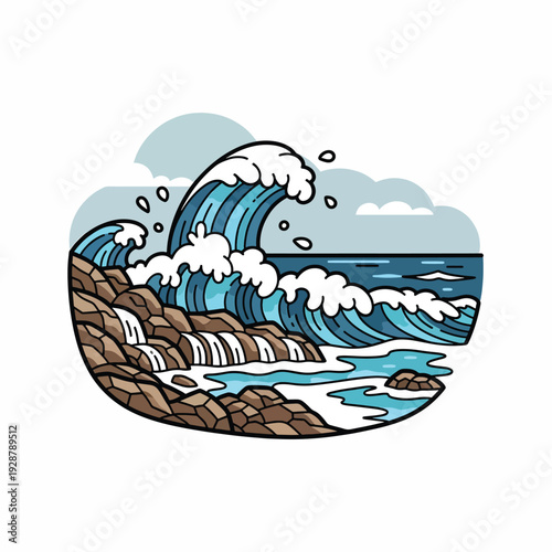 A cartoon wave crashing on rugged rocks