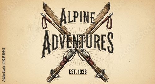 Vintage Alpine Adventures Emblem with Crossed Axes and Mountains.