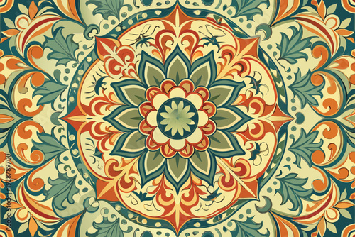 Intricate vintage floral mandala with layered petals, ornamental swirls, and medallion accents in warm retro tones—perfect for backgrounds, textiles, wallpapers, packaging, and decorative design.