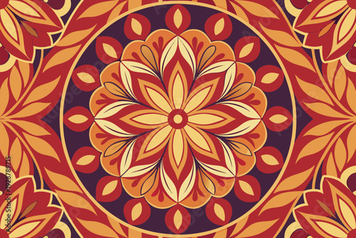 Warm floral mandala with ornamental circular symmetry in rich red, orange, and gold hues. Vintage ethnic decorative design ideal for backgrounds, textiles, packaging, and festive projects.