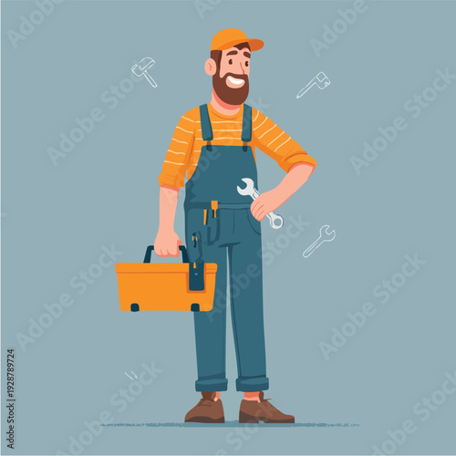 Cartoon Construction Worker With Toolbox Standing.