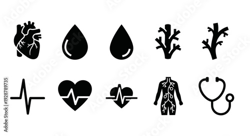 Medical Cardiology and Circulatory System Icon Set with Blood Drop