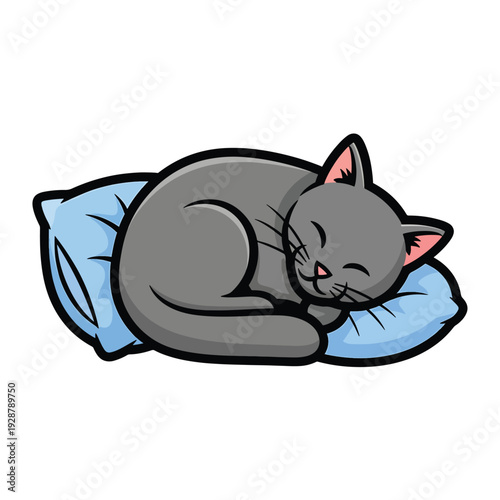 A gray cat sleeps on a blue pillow