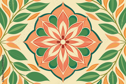 Elegant floral mandala with botanical leaves and warm retro colors, creating a symmetrical decorative pattern ideal for wallpaper, textile, packaging, backgrounds and surface design projects.