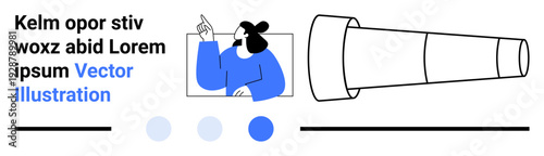 Person gesturing thoughtfully near a telescope, surrounded by abstract dots and a clean layout. Ideal for creativity, discovery, exploration, science, education, goals, simple landing page