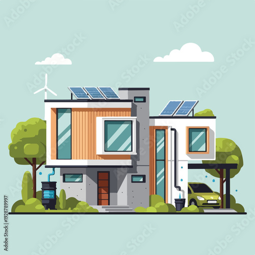 Modern home graphic illustrating sustainability with solar panels and wind turbine