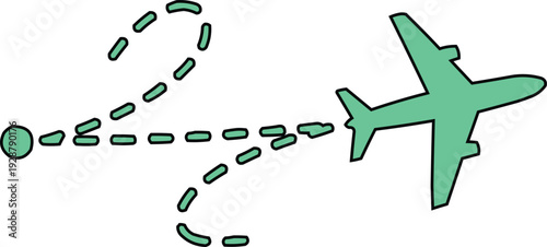 The image depicts a green airplane taking off from a green circle, which symbolizes a starting point or an airport. The airplane's green color likely ties it to the circle, creating a cohesive visual 