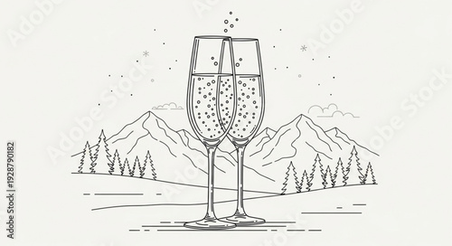 Two champagne glasses filled with bubbly liquid and mountains in the background.
