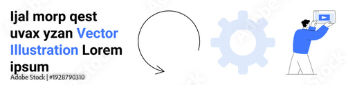 Text block, circular arrow, large gear shape, and person holding screen with play button. Ideal for teamwork, process flow, innovation, learning, operations adaptability simple landing page