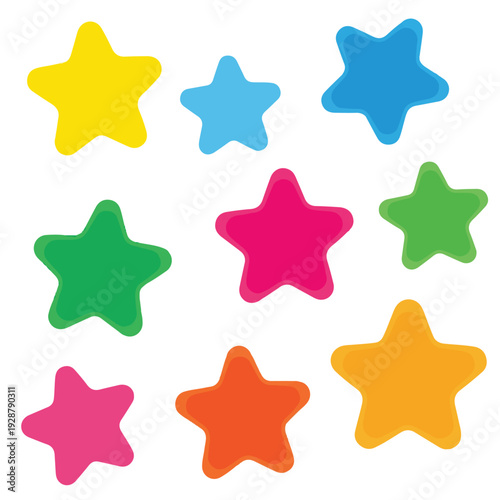 Nine colorful, stylized stars in various hues, with rounded edges