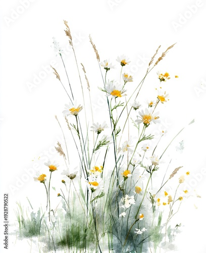 Delicate wildflowers and grasses in soft watercolor