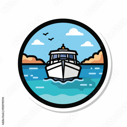 A boat sails through calm waters near rocky shores