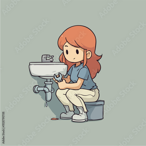 Cartoon girl fixing a bathroom sink.