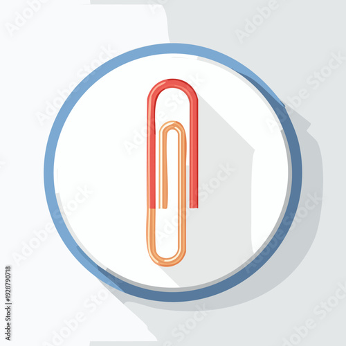 Flat design paperclip icon with long shadow in a blue circle.