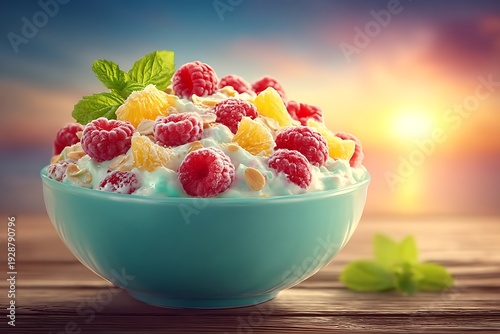 Wallpaper Mural Fresh Fruit Yogurt in Bowl on Wooden Table. Torontodigital.ca