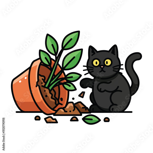 A black cat knocking over a potted plant