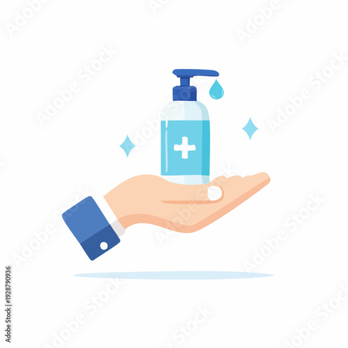 Hand holding sanitizer bottle, hygiene and health care concept.