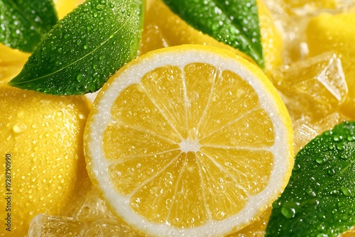 Wallpaper Mural Fresh Lemon Slices with Green Leaves. Torontodigital.ca