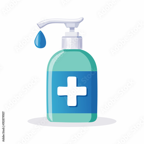 Hand sanitizer pump bottle with a medical cross symbol.