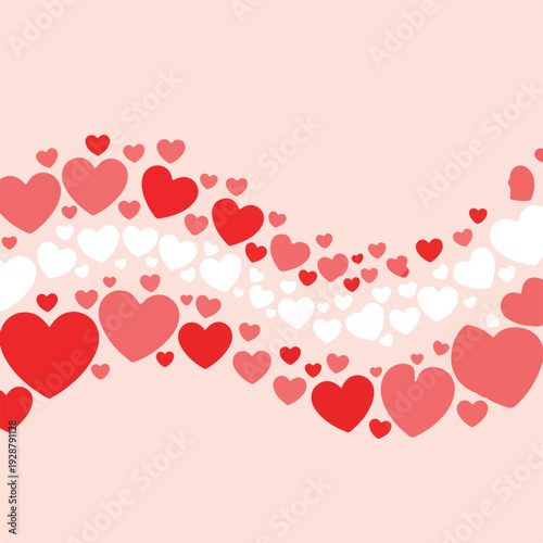 Pink background with wave of red, pink, and white hearts