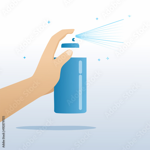 Hand spraying aerosol can, creating mist, clean air.