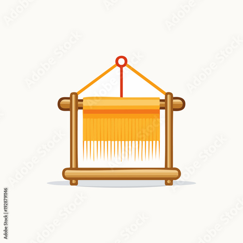 Handloom Weaving Frame with Yellow Fabric and Red Hanger.