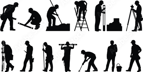 Collection of construction worker silhouettes in various job poses isolated on white background, black laborer vector set for industry, building, and engineering design