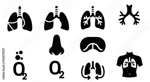 Oxygen Supply and Respiratory System Anatomy Icons for Medical Design