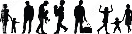 Collection of family silhouettes with parents and children in various poses isolated on white background, black human figures vector set for design and illustration