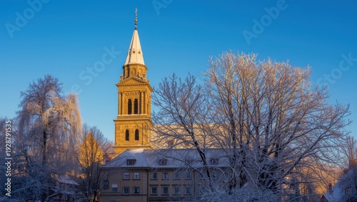 A bell tower rises in a snowy winter scene