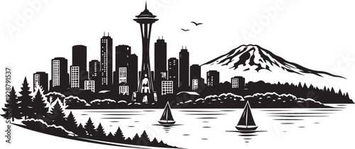 Seattle Skyline Silhouette, Vector Illustration, Isolated on White Background