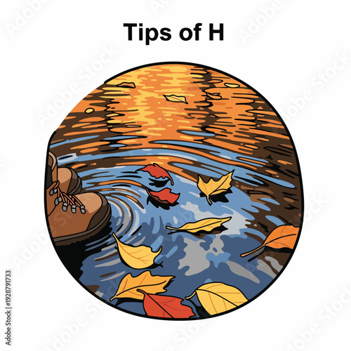 A brown boot enters a puddle with autumn leaves