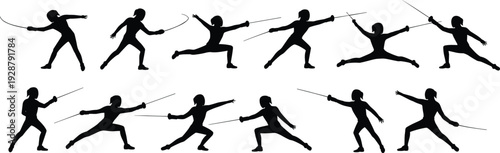 Collection of fencing athlete silhouettes in dynamic sword fighting poses isolated on white background, black sport vector set for competition and training design