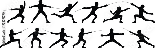 Collection of fencer silhouettes in dynamic sword fighting poses isolated on white background, black fencing athlete vector set for sports design and illustration