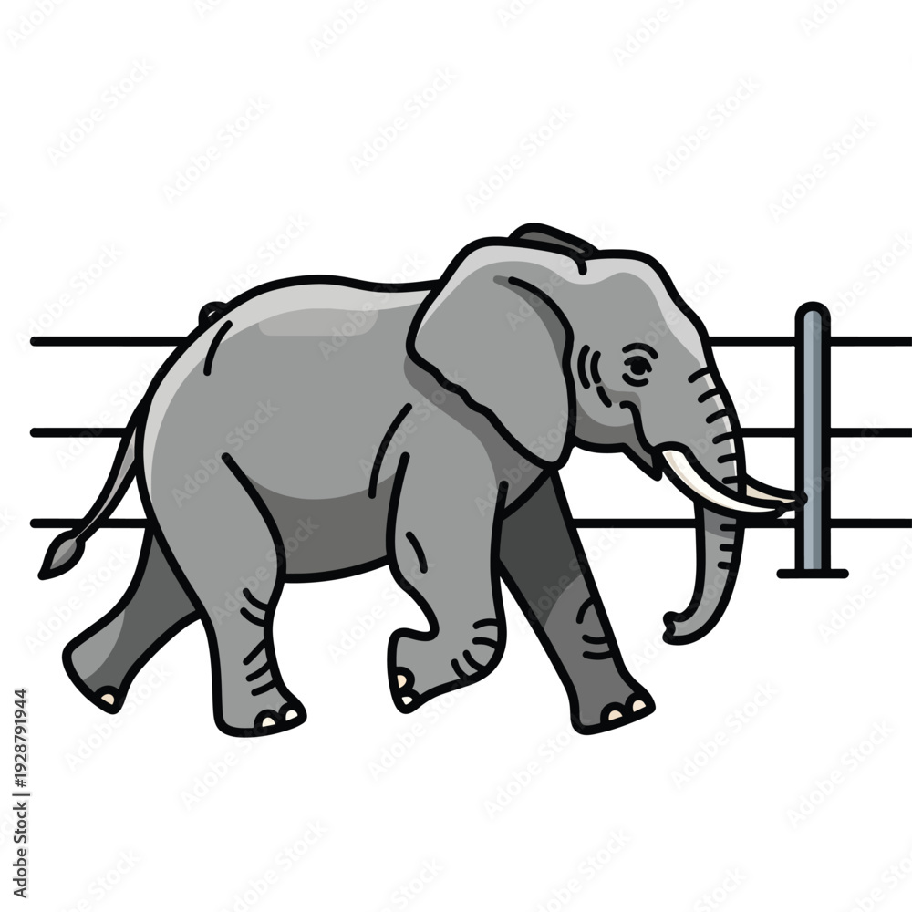 Fototapeta premium A cartoon elephant walks past a fence