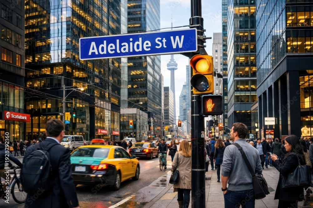Fototapeta premium Adelaide Street West sign in Toronto's financial area, Ontario, Canada