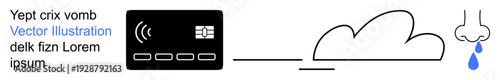 Data management, digital infrastructure, remote storage, technology integration, network services, information flow. A chip card, cloud icon and a dripping nose. Data management and digital