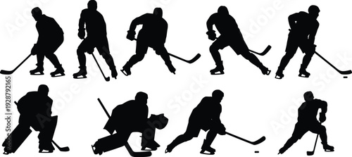 Collection of ice hockey player silhouettes in dynamic action poses isolated on white background, black athlete vector set for winter sport and team design