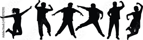 Collection of jumping people silhouettes in energetic poses isolated on white background, black human vector set for celebration, party, youth, and lifestyle design
