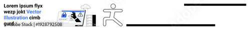 Cybersecurity, cloud computing, data privacy, digital transformation, secure access, technology innovation. Computer and vault symbol beside a moving human figure. Cybersecurity and cloud computing