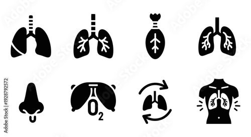 Respiratory System Icon Set Featuring Lungs Nose And Oxygen Symbols