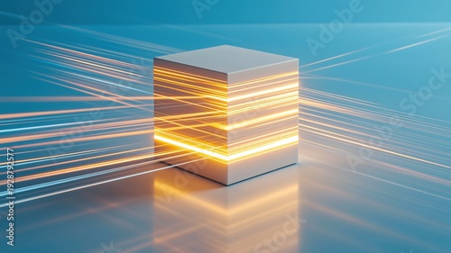 Digital glowing cube with bright orange light lines on blue background