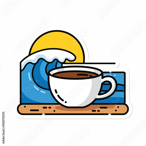 A coffee cup on a wooden board with a sunny ocean wave
