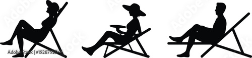 Collection of people relaxing on deck chairs silhouettes isolated on white background, black human vector set for summer vacation, beach leisure, and holiday design