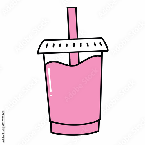 Pink Strawberry Bubble Tea in Plastic Cup Kawai Drink  Flat Vector Illustration