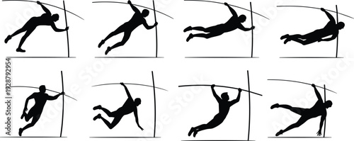 Collection of pole vaulter silhouettes in dynamic jumping sequence isolated on white background, black track and field athlete vector set for sports design