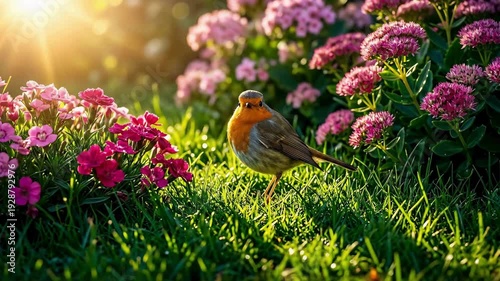 A vibrant robin stands gracefully in a sun-drenched garden, surrounded by a delightful array of colorful blossoms during the golden hour, embodying nature's serene beauty