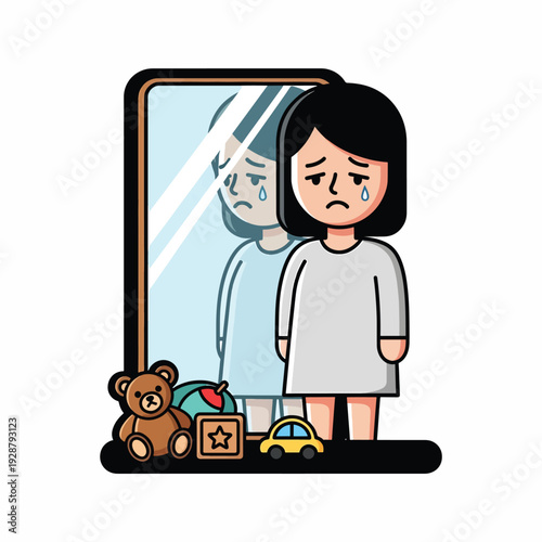 A girl stands sadly in front of a mirror with toys