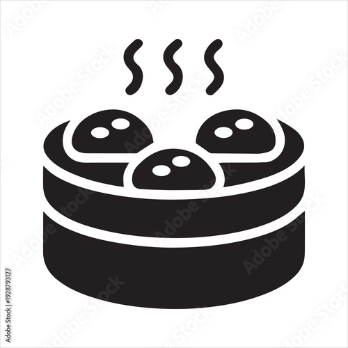 Steaming Dim Sum Dumplings in Bamboo Steamer Basket, Traditional Asian Food Icon, Simple Black and White Vector