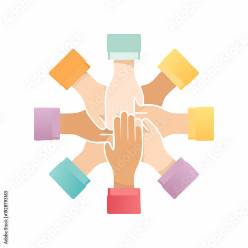 Hands united in a circle, teamwork and collaboration concept.